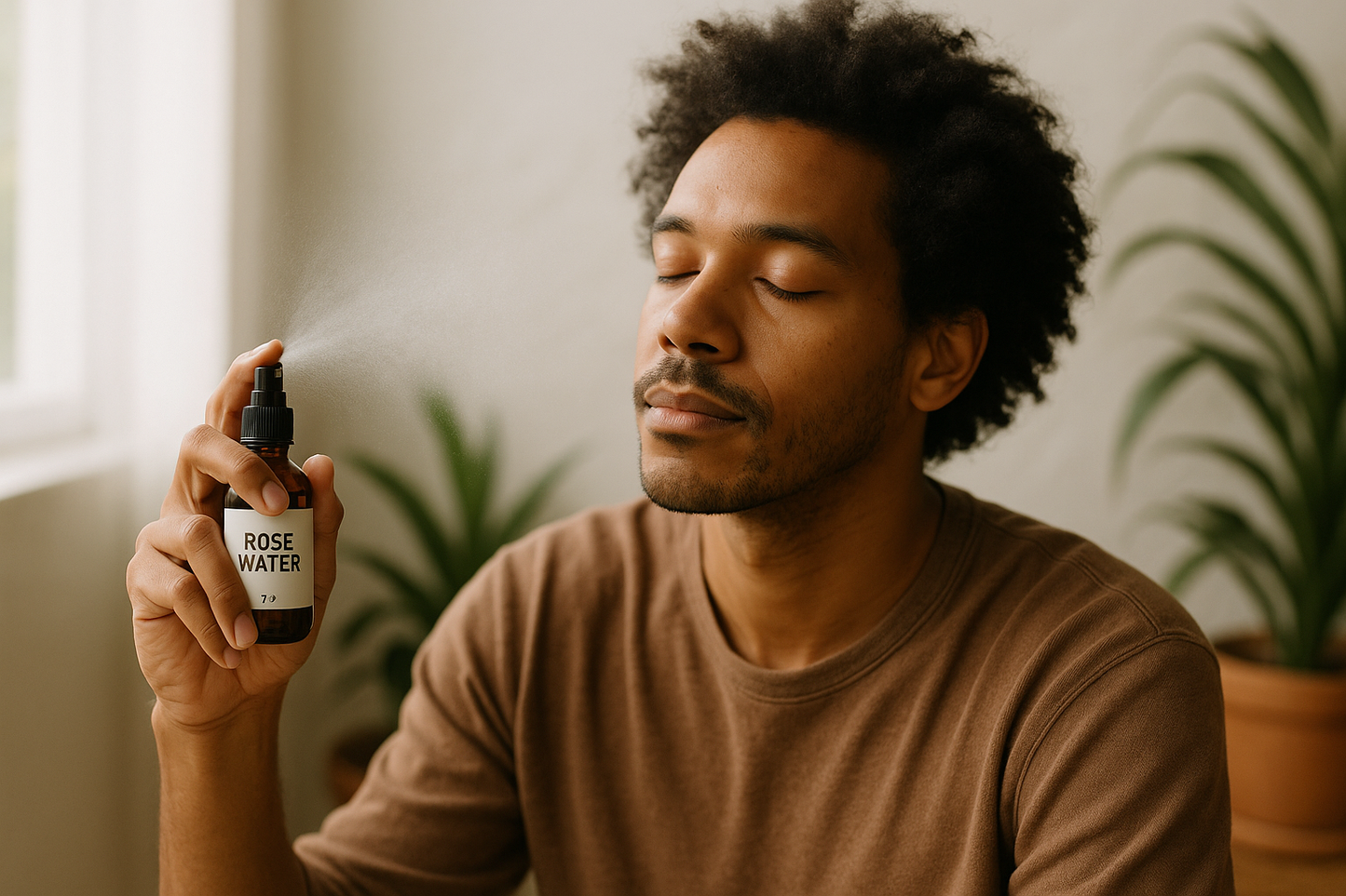 male spraying rose water on hair