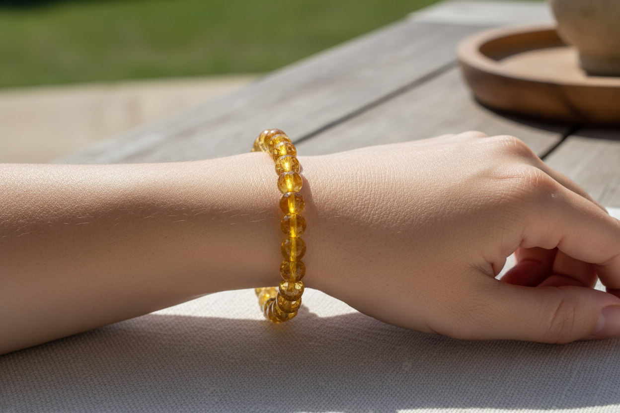 picture of adult female wearing a yellow citrine stretch bracelet