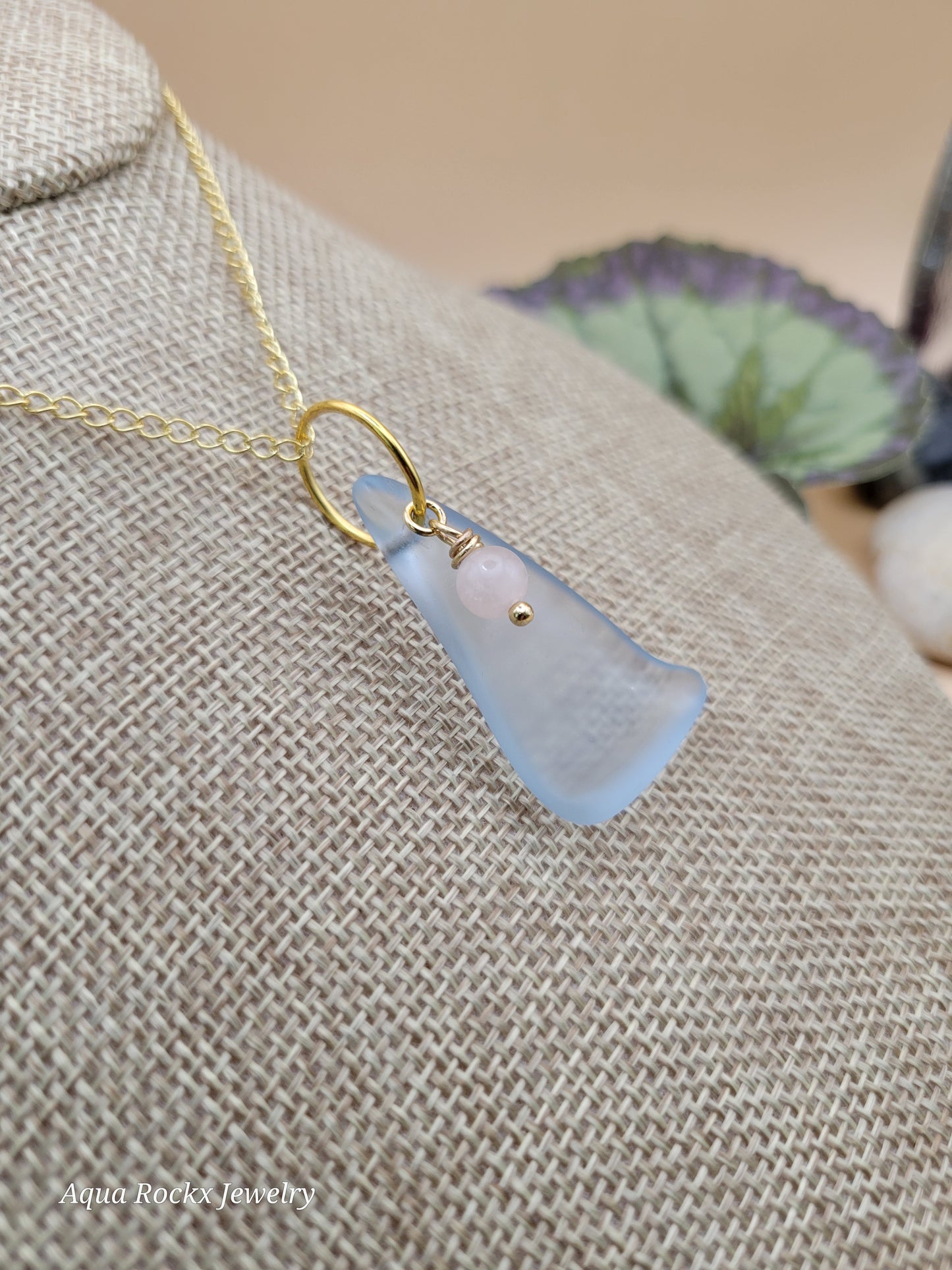 Blue Seaglass Pendant Necklace with Rose Quartz Charm