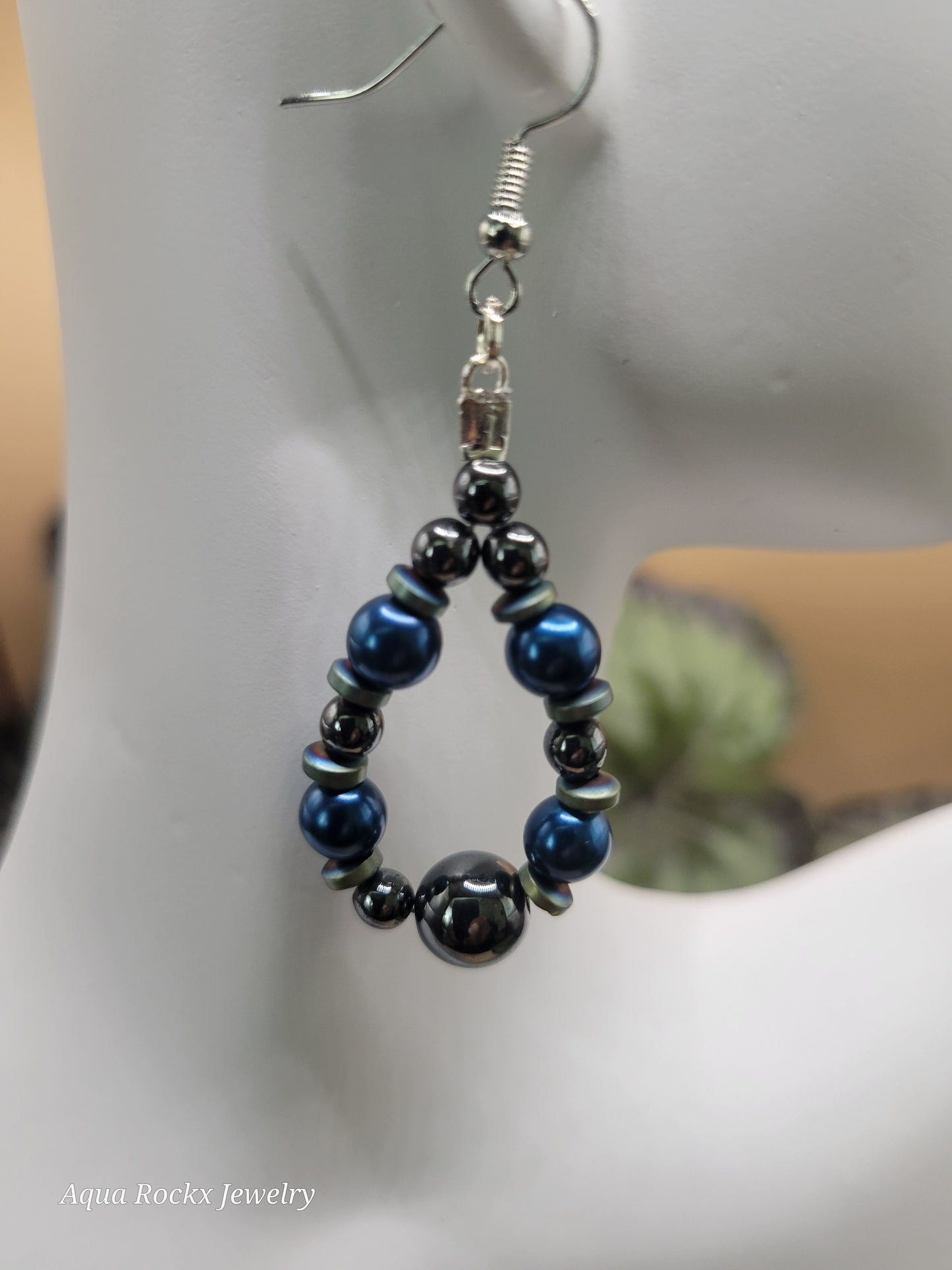 Blue & Silver Hematite Drop Hoop Earrings