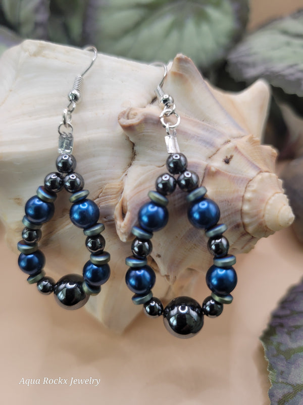 Blue & Silver Hematite Drop Hoop Earrings