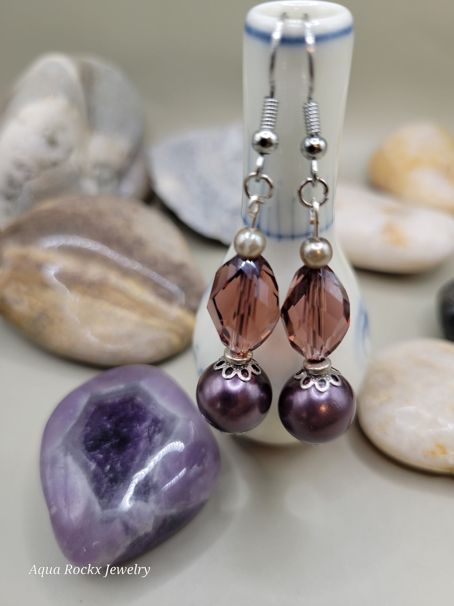 Purple Glass, Hematite Earrings
