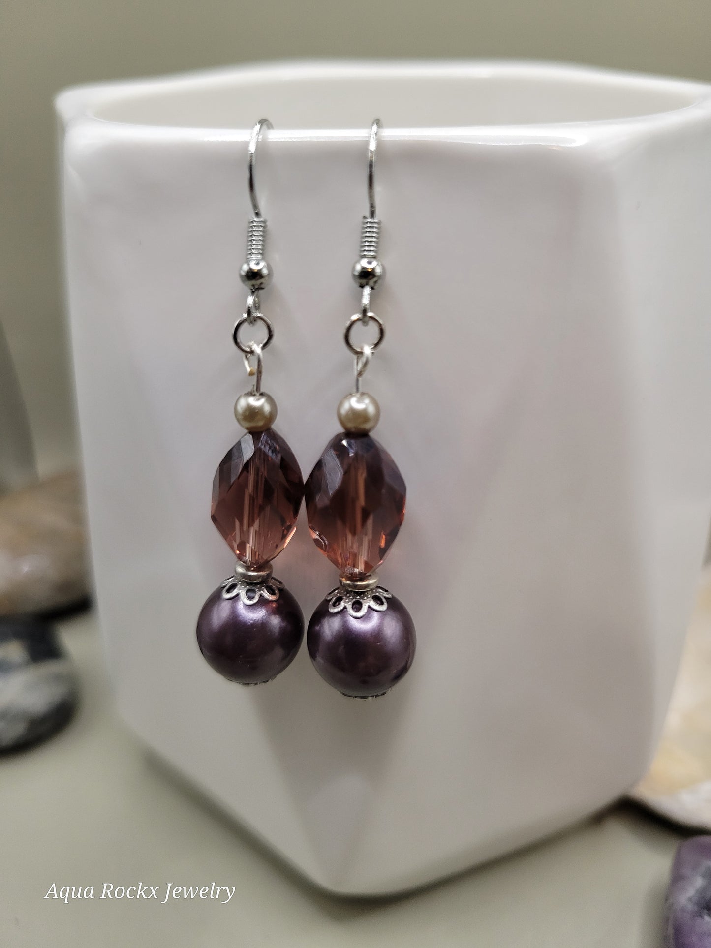 Purple Glass, Hematite Earrings