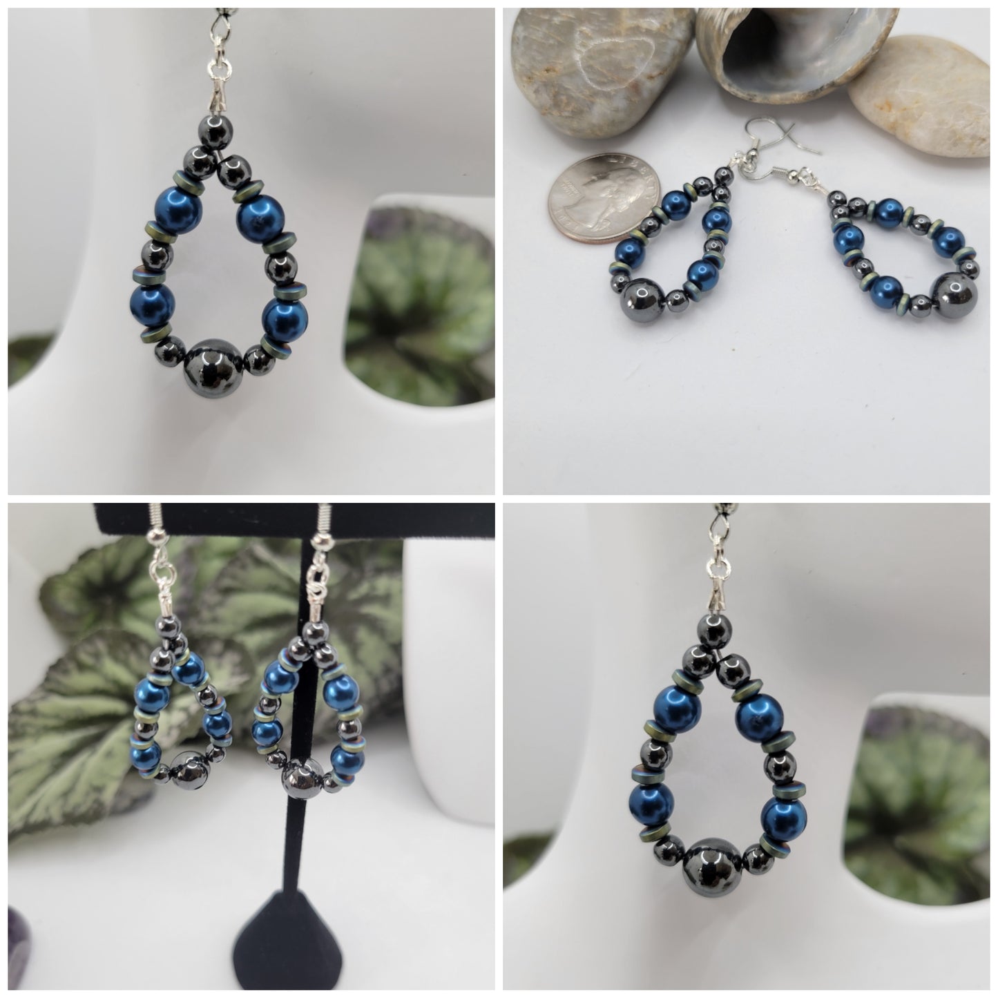 Blue & Silver Hematite Drop Hoop Earrings