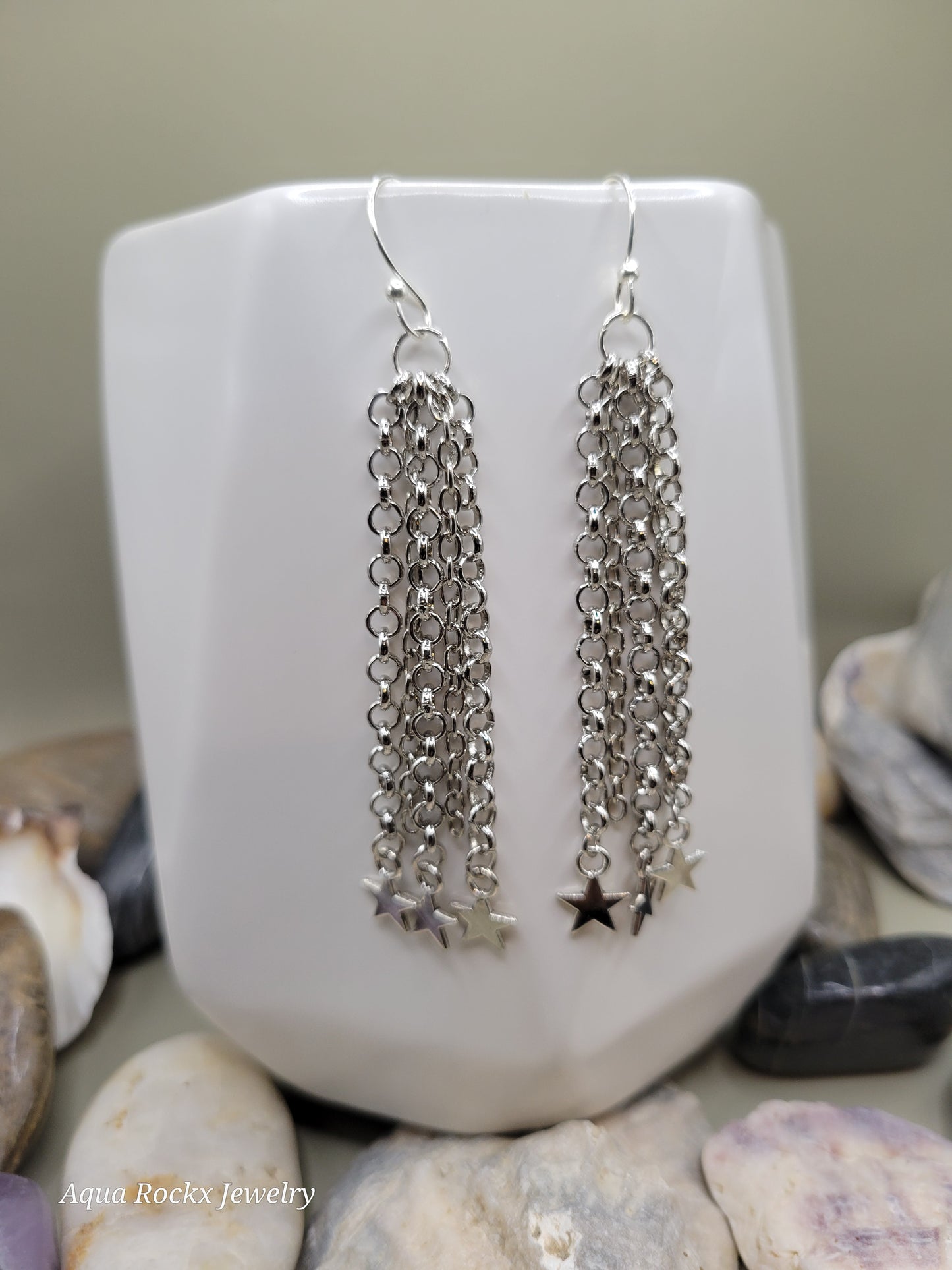 Waterfall Earrings Silver Chains and Stars Handmade