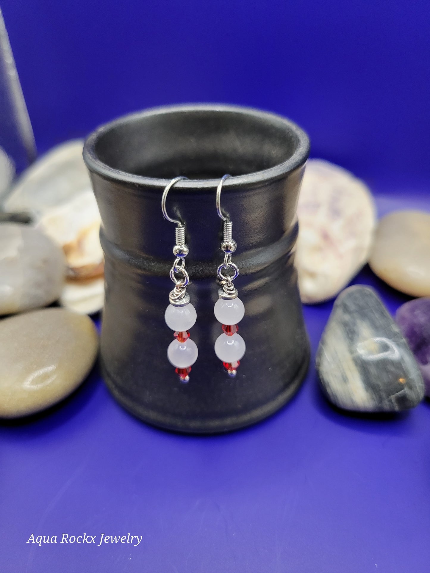 White quartz with red accent earrings.