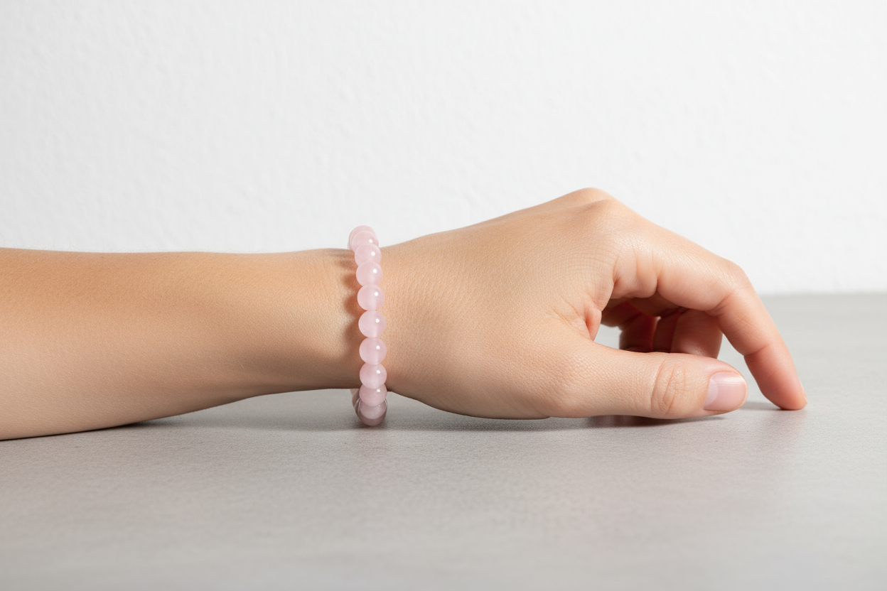 adult female wearing a rose quartz gemstone stretch bracelet