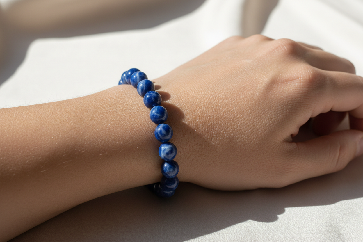 adult wearing blue sodalite stretch bracelet