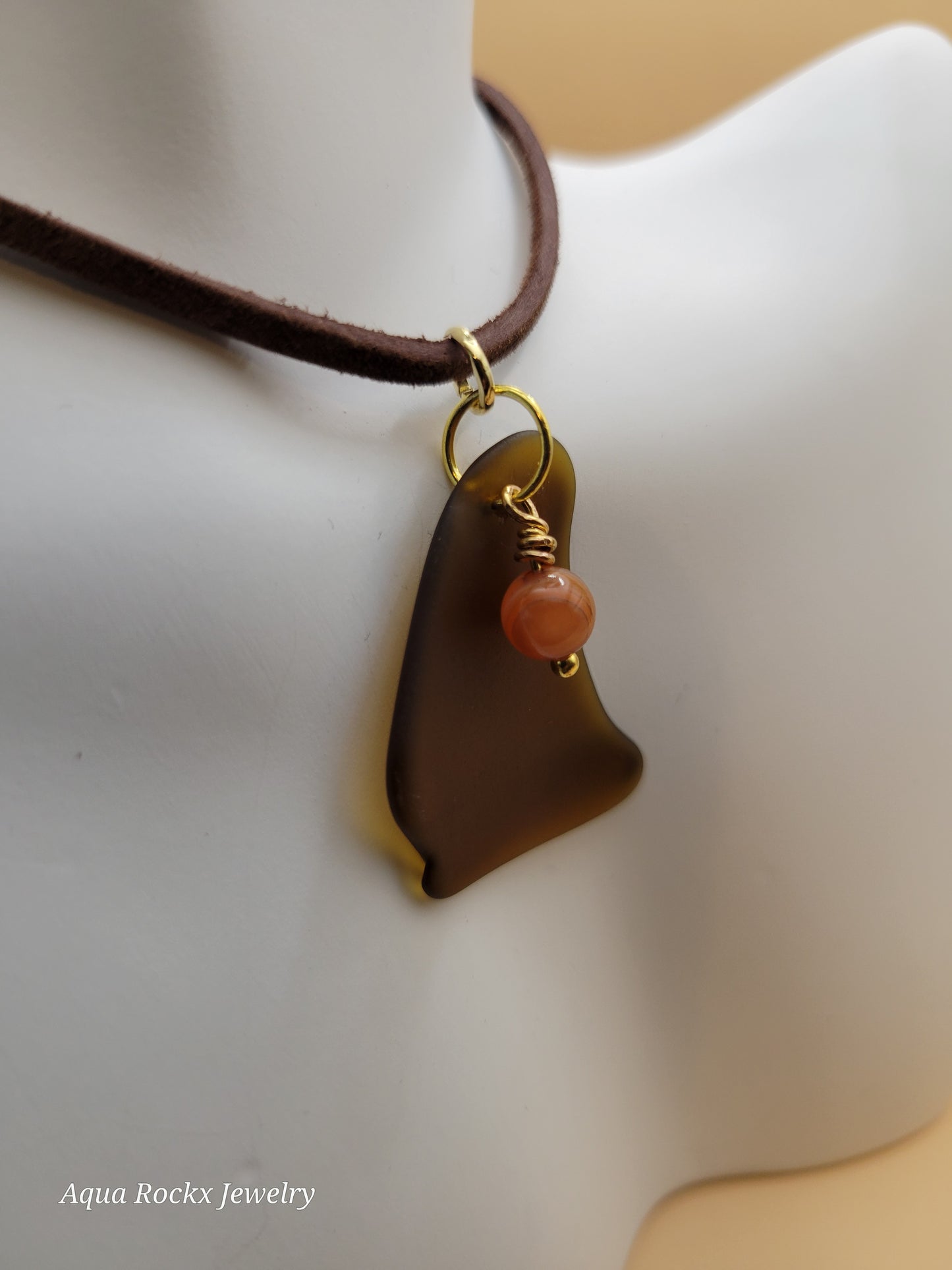 brown sea glass pendant carnelian charm suede cord