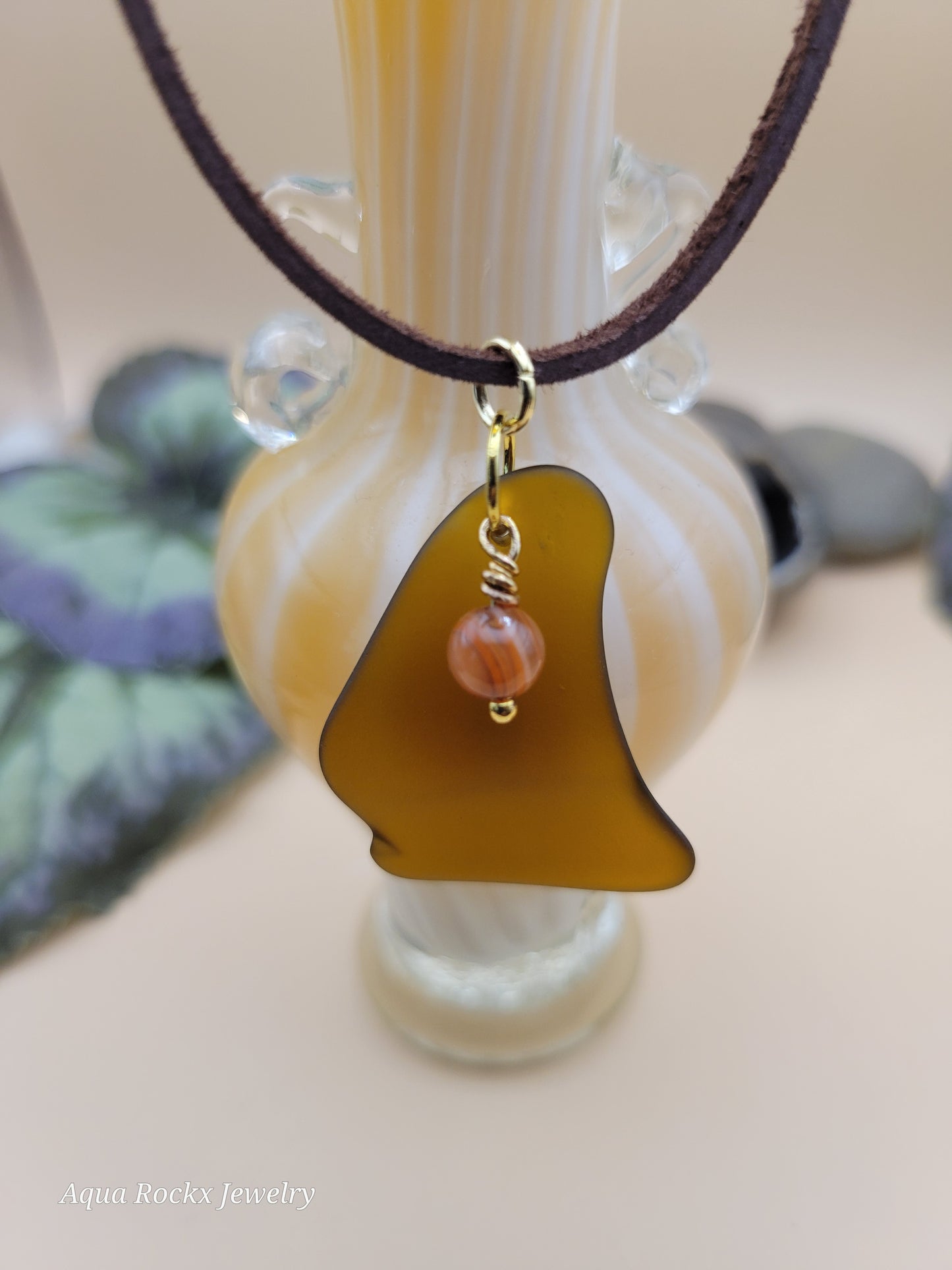 brown sea glass pendant carnelian charm suede cord