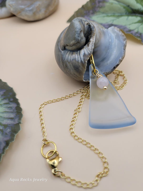 Blue Seaglass Pendant Necklace with Rose Quartz Charm