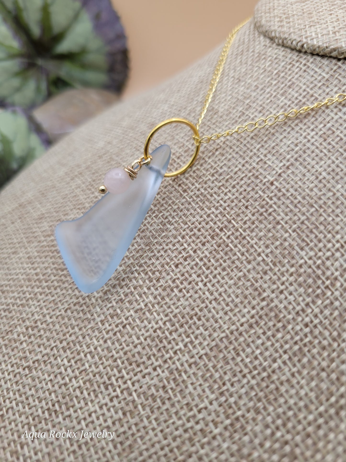 Blue Seaglass Pendant Necklace with Rose Quartz Charm