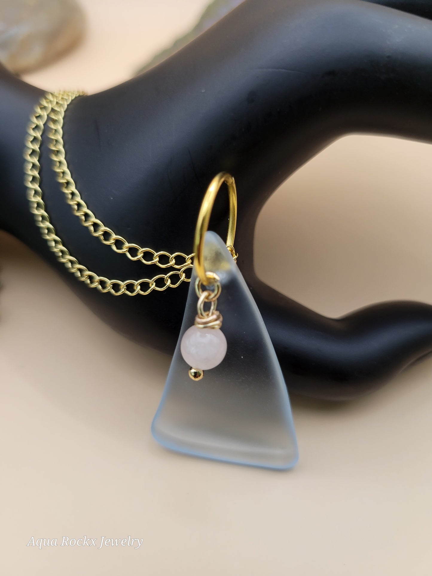 Blue Seaglass Pendant Necklace with Rose Quartz Charm