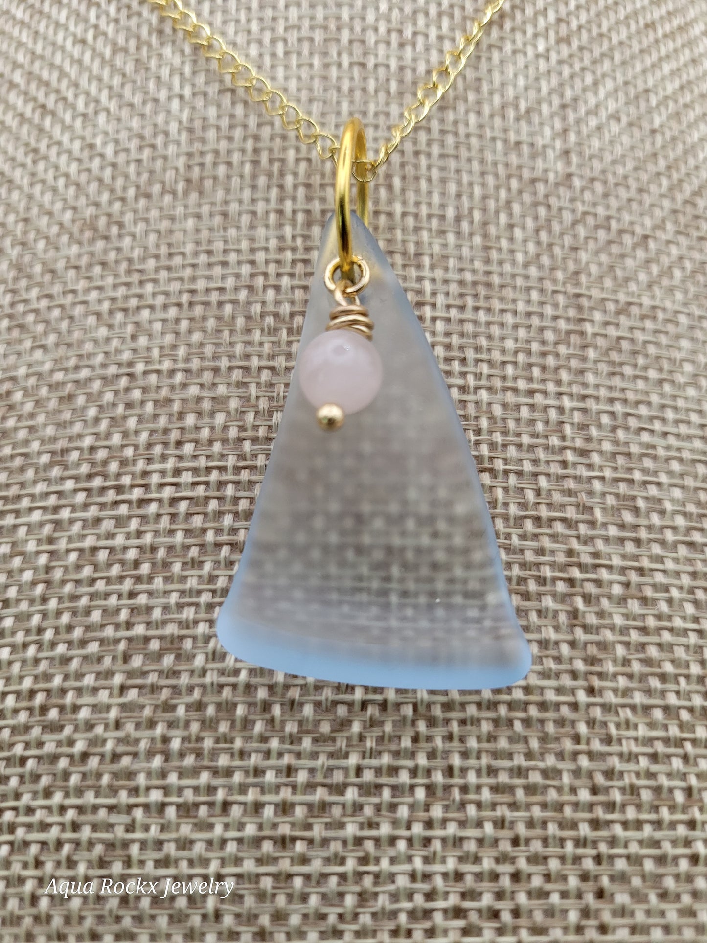 Blue Seaglass Pendant Necklace with Rose Quartz Charm